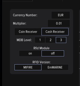 NAYAX settings screen — Multiplier 0.01, MDB Level 3