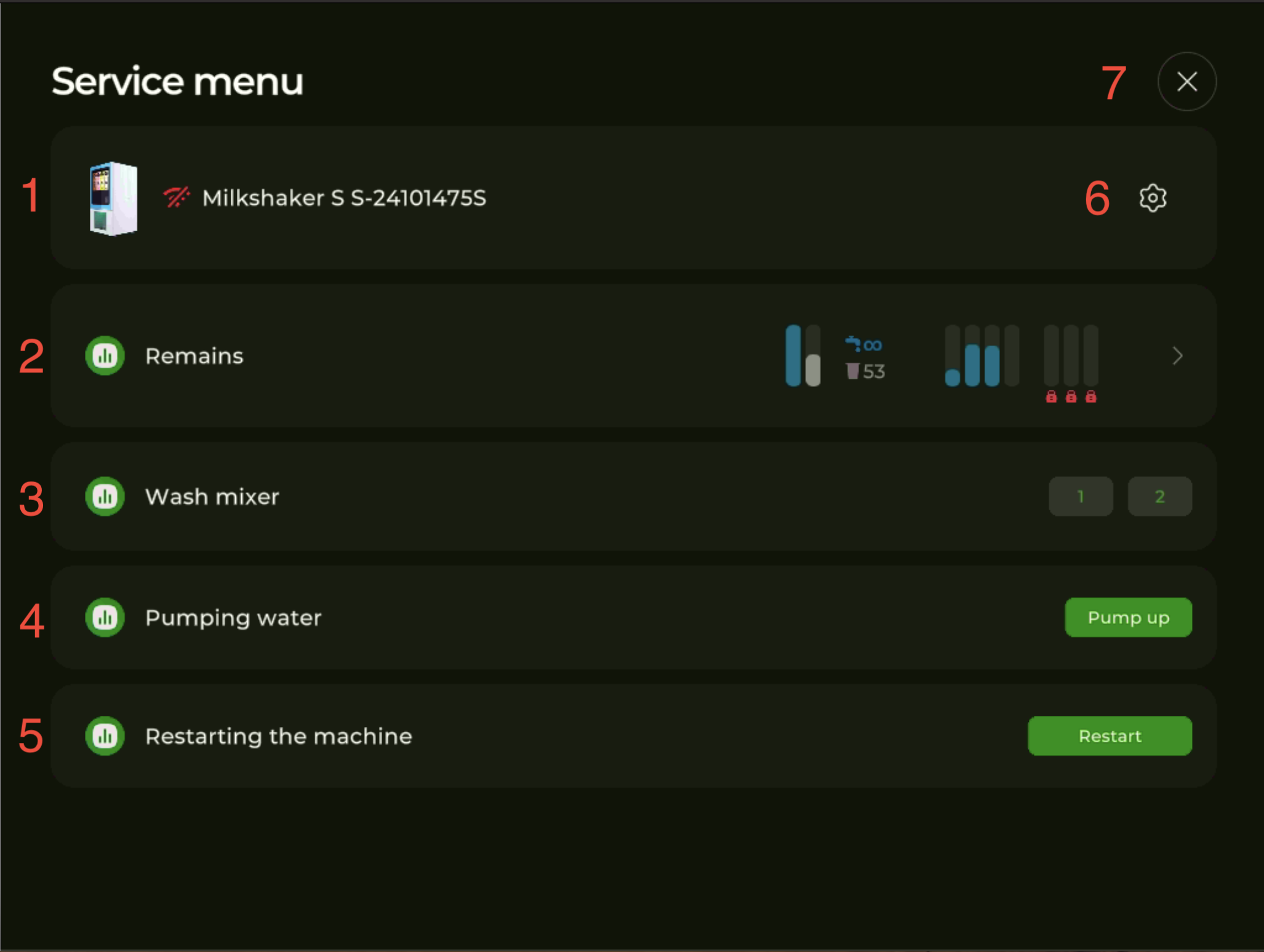 Milkshaker S Service Menu main screen