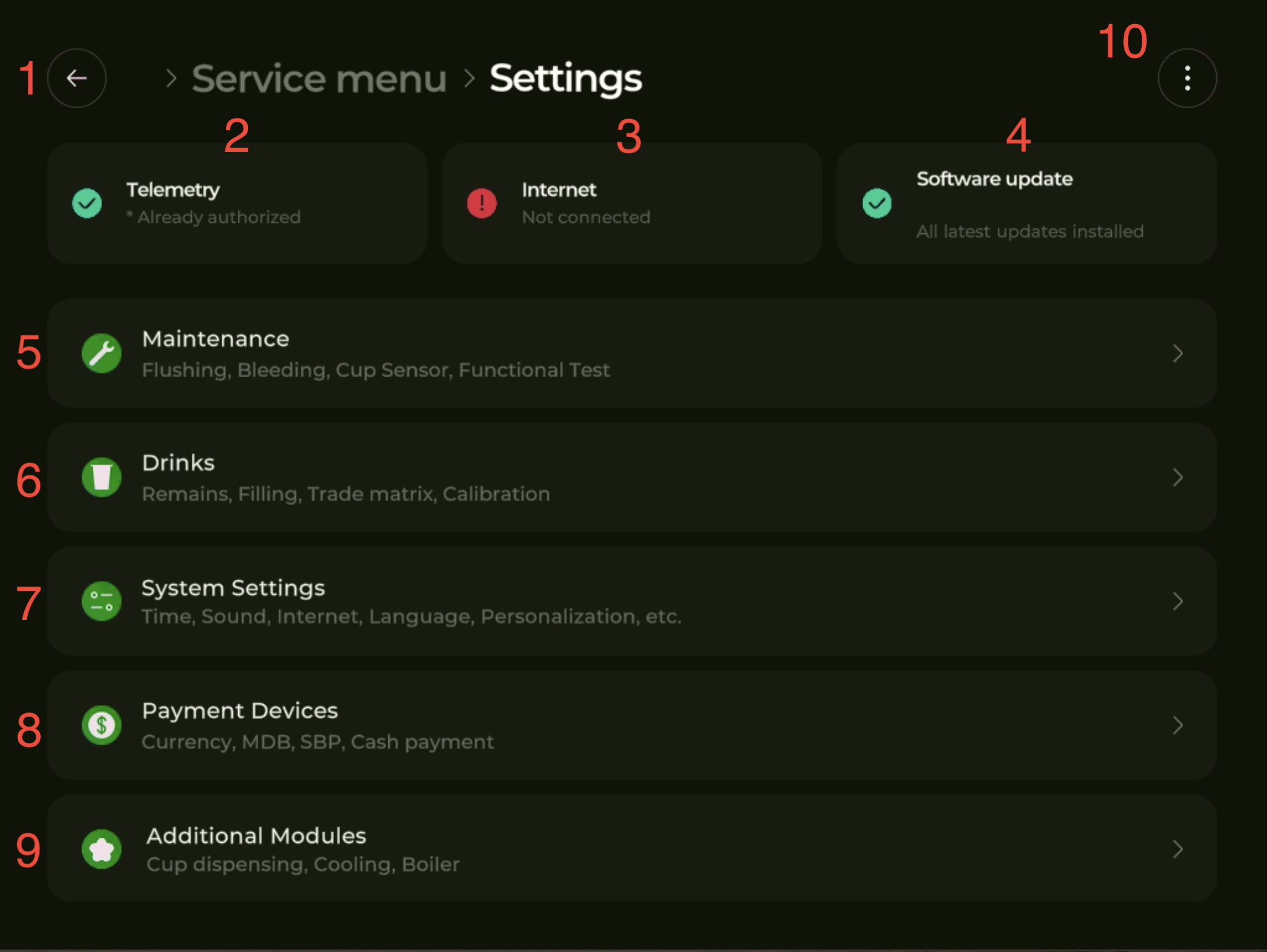 Settings menu of Milkshaker S