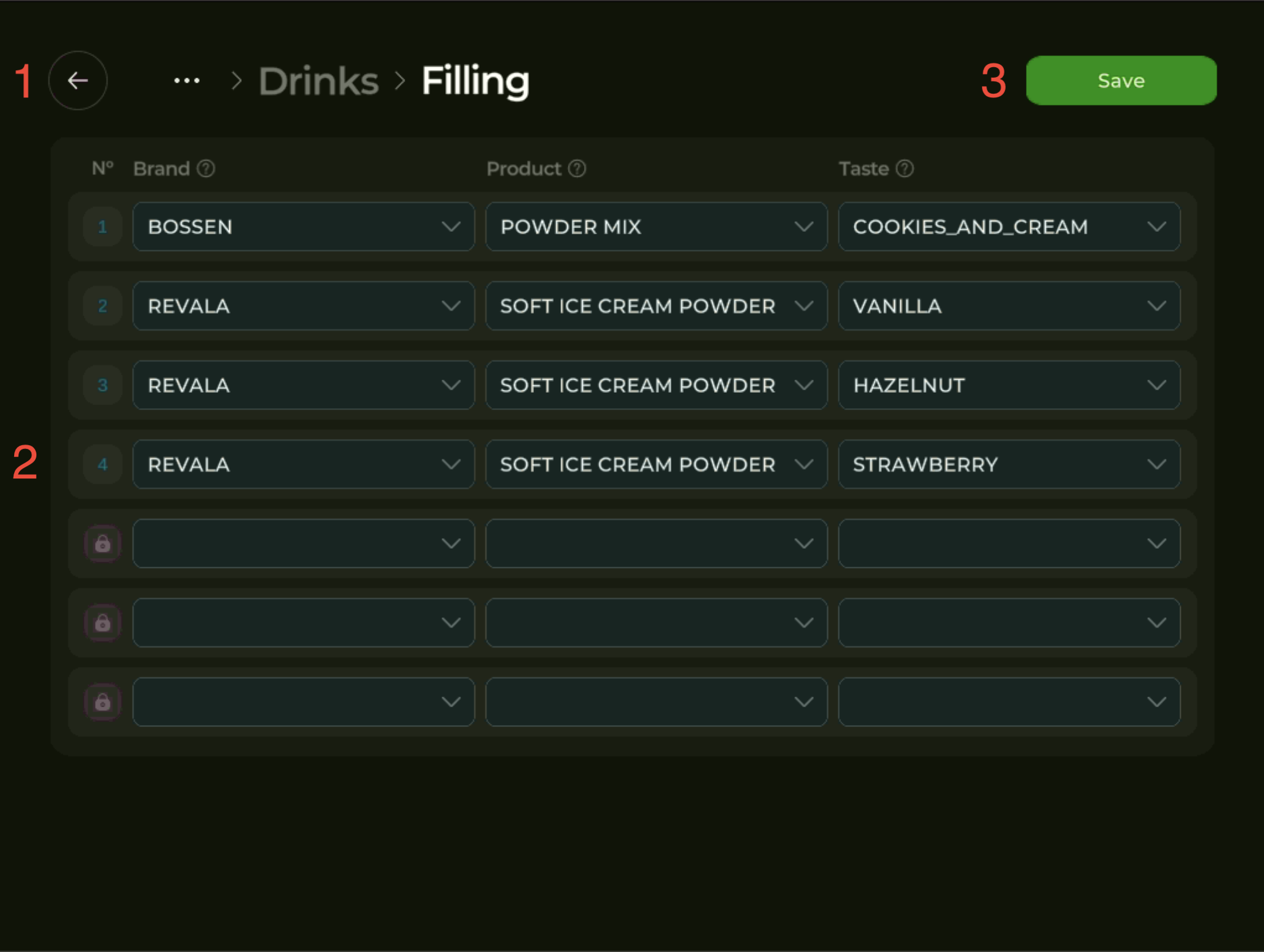 Filling — drink assortment per slot