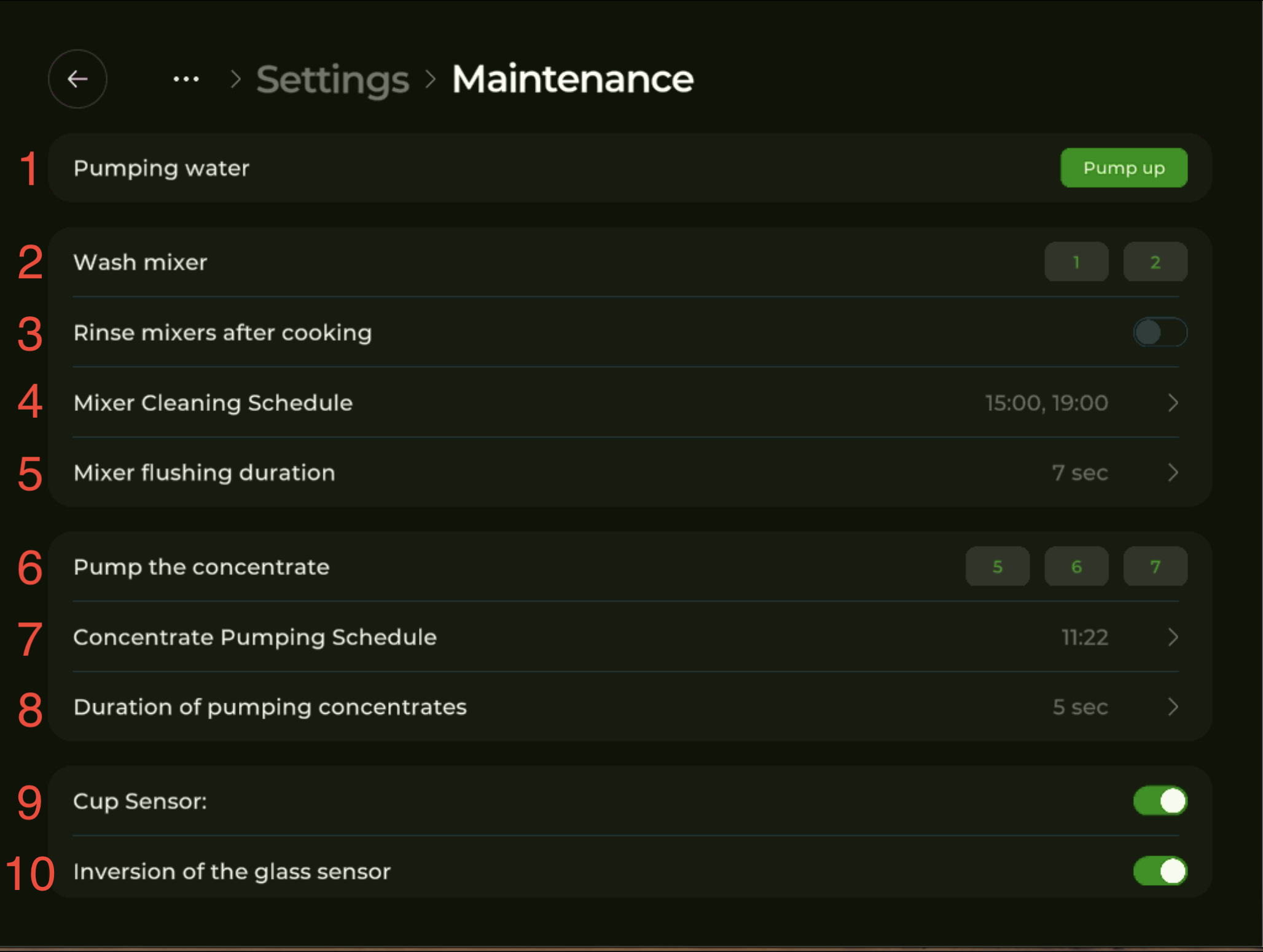 Maintenance settings on Milkshaker S