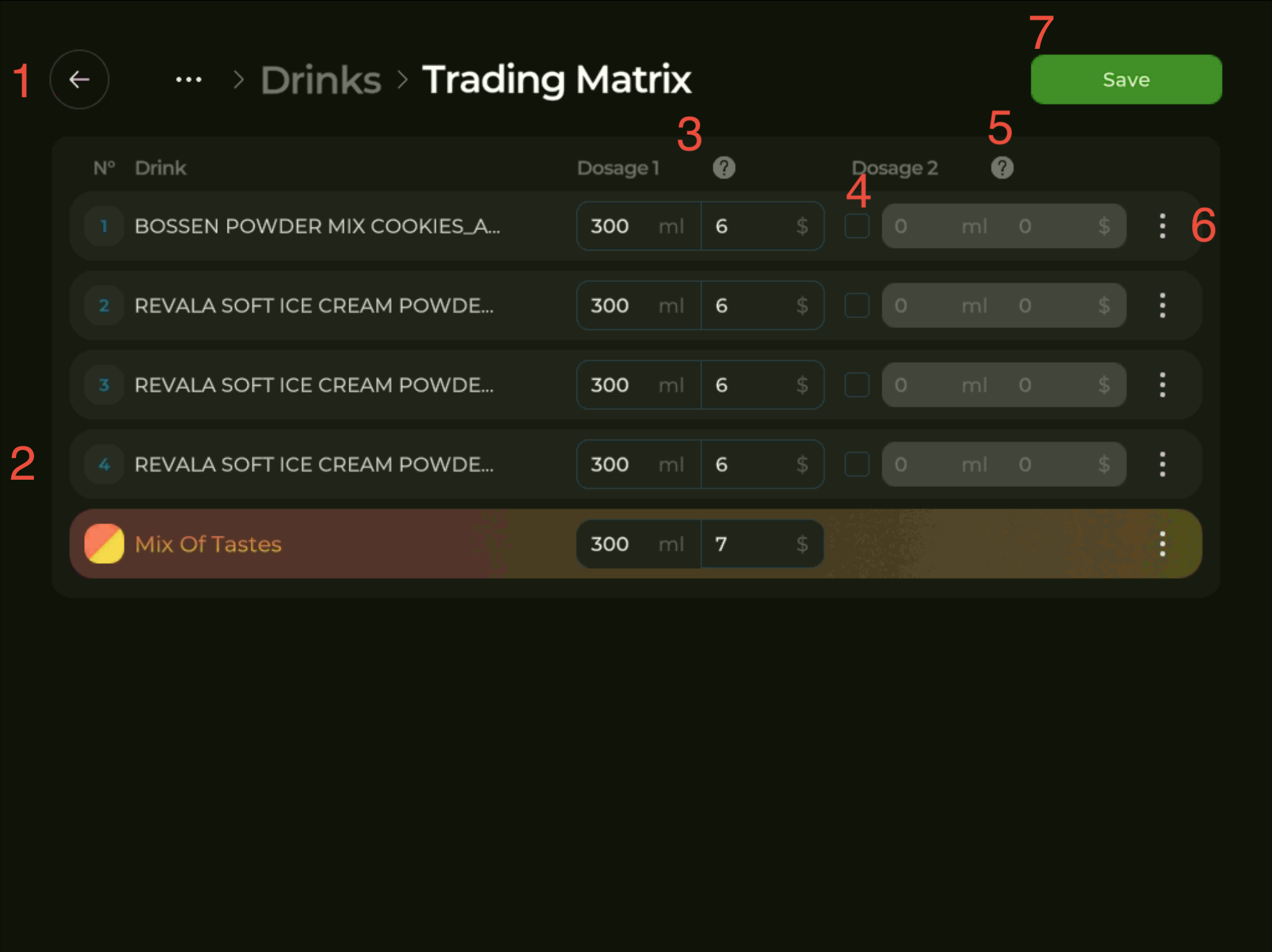 Trading Matrix — prices and dosages per drink